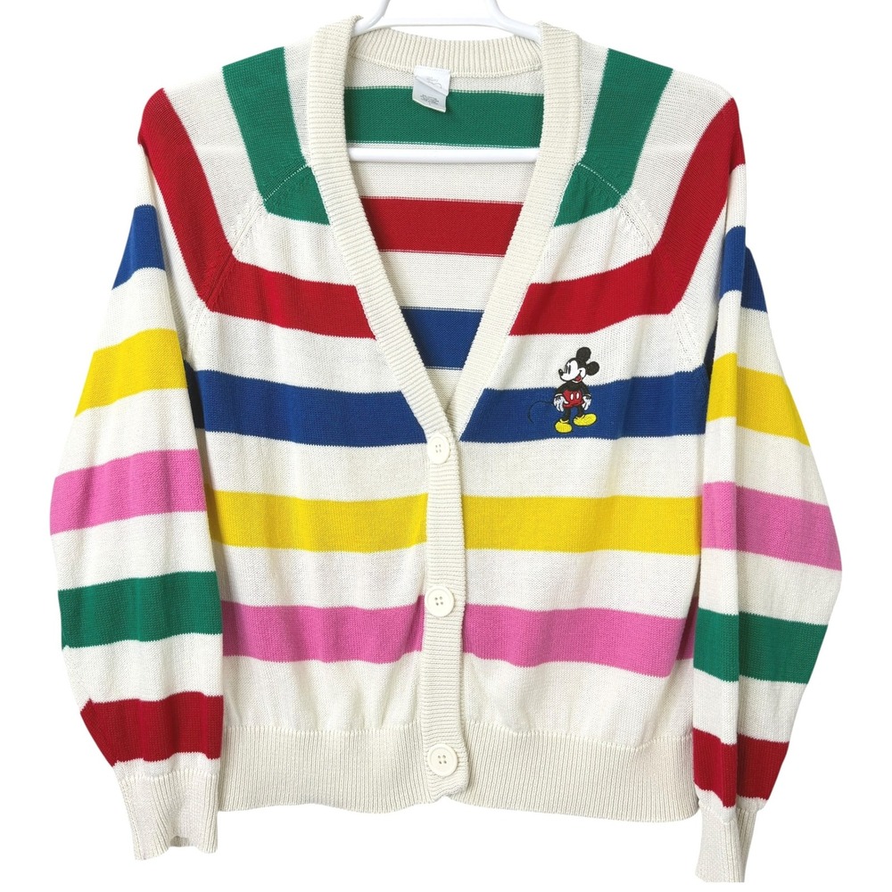 Disney Cardigan Women L White Striped Knit Mickey Mouse Disney 100 Anniversary